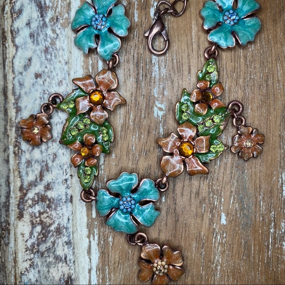 Vintage Enamel Flower Statement Necklace w Sparkly Crystals & Dangles - Picture 9 of 10